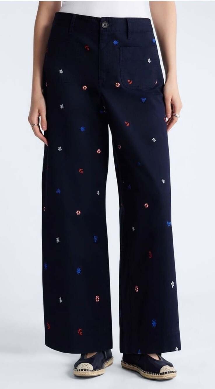 NWT Free Assembly Navy Embroidered Nautical Wide Leg Pants Women’s XL (16-18)